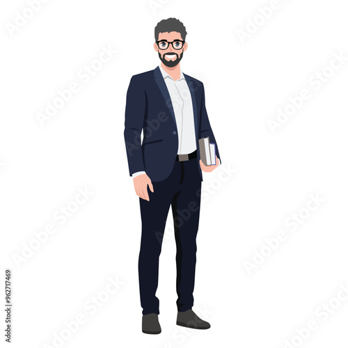 Young man office character holding books wearing suit. Flat vector Character illustration