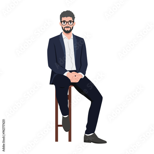 Smart looking businessman sitting on stool. Flat vector Character illustration