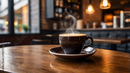 Smoky brown cup coffee cappuccino on cafe wooden table, beverage espresso americano or espresso caffeine drink on blur light background cafeteria