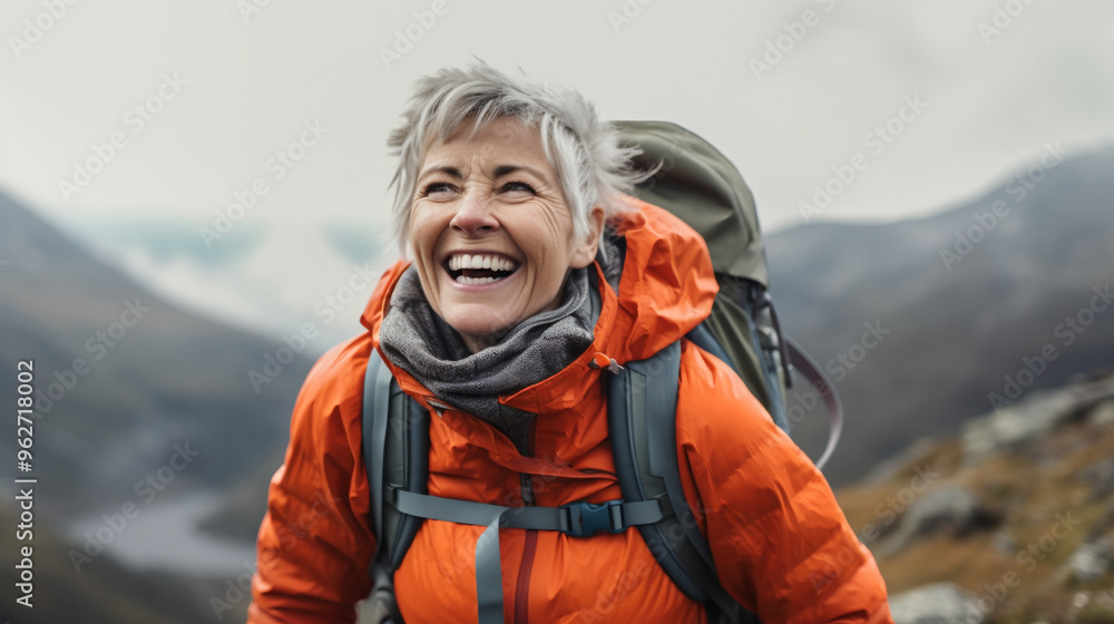 A middle-aged woman is laughing heartily while hiking in the mountains. A middle-aged woman is laughing heartily while hiking in the mountains.