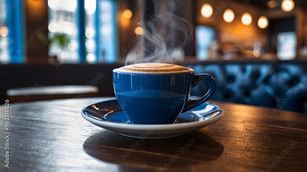 Smoky blue cup coffee cappuccino on cafe wooden table, beverage espresso americano or espresso caffeine drink on blur light background cafeteria Smoky blue cup coffee cappuccino on cafe wooden table, beverage espresso americano or espresso caffeine drink on blur light background cafeteria