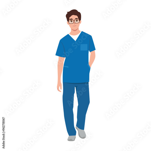 Young doctor standing with hand in scrubs uniform. Flat vector Character illustration