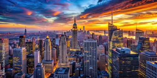 Panoramic urban landscape featuring iconic skyscrapers, bustling streets, and vibrant lights of Manhattan's majestic silhouette, set against a warm blue and orange sunset sky. photo