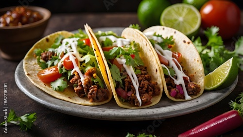 delicious taco with chopped beef meat, cilantro & tomato in corn tortilla, crunchy tacos de suadero food meal, authentic mexican cuisine recipe photo