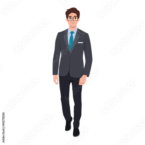 Young businessman character in formal tie suit outfit. Flat vector Character illustration