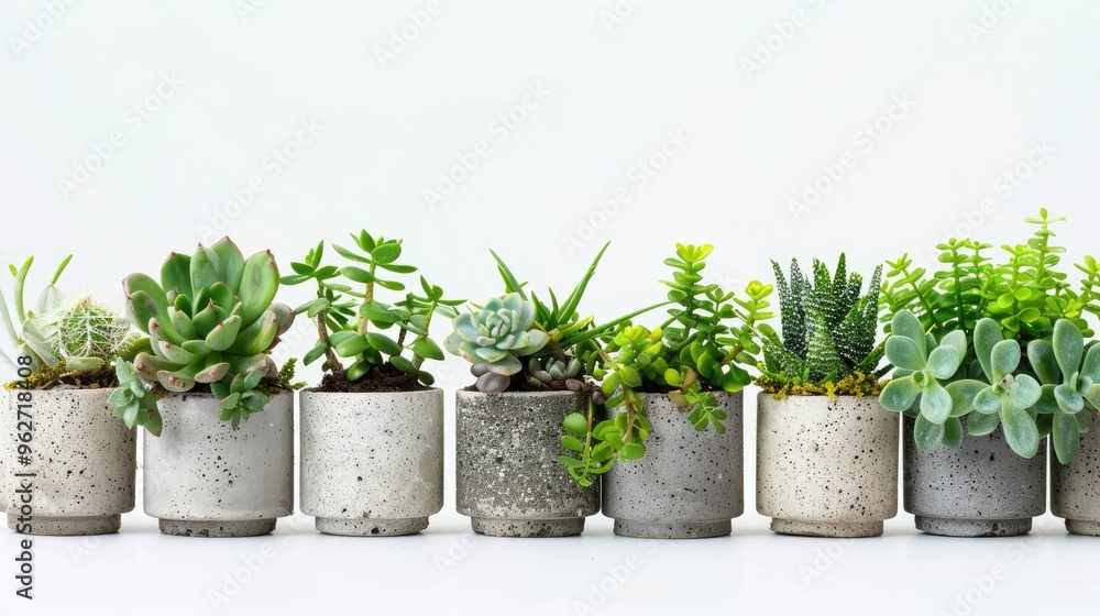 Fototapeta premium Variety of plants in concrete pots on white background - flower shop gifts and nature preservation concept. Close-up view.