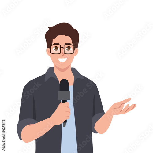 Man reporter with microphone. Flat vector Character illustration