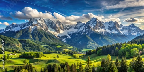 Panoramic View Of A Towering Mountain Range With Lush Green Slopes, Snow-Capped Peaks, And A Vibrant Blue Sky photo