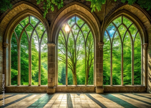 Panoramic View Of Lush Green Trees Visible Through Tall Arched Windows With Natural Sunlight Streaming In