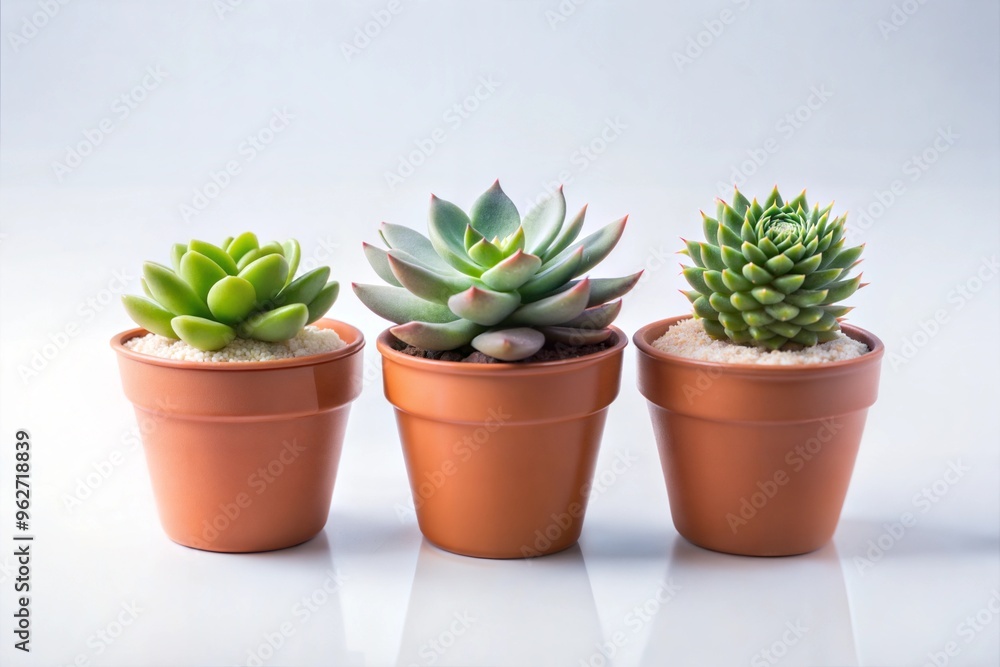 Three succulent plants in terracotta pots in minimalist indoor setting Three succulent plants in terracotta pots in minimalist indoor setting