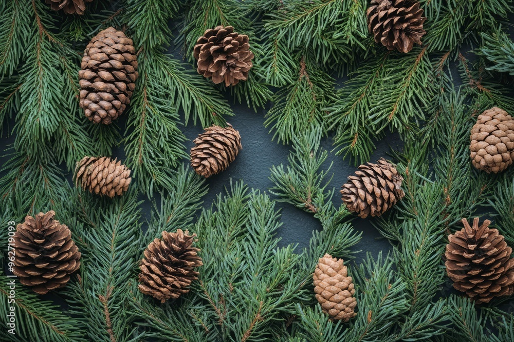 overhead view on spuce and thuja branches with cones, Christmas background with generative ai overhead view on spuce and thuja branches with cones, Christmas background with generative ai