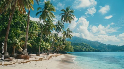 A beautiful beach with palm trees and a clear blue ocean
