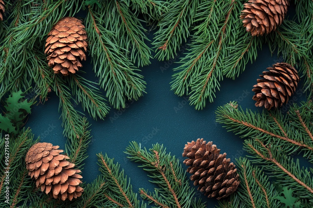 overhead view on spuce and thuja branches with cones, Christmas background with generative ai overhead view on spuce and thuja branches with cones, Christmas background with generative ai