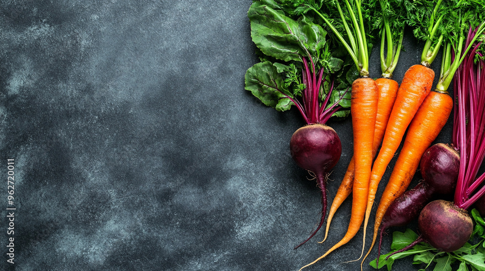 Fresh Beets and Carrots on Dark Background Fresh Beets and Carrots on Dark Background
