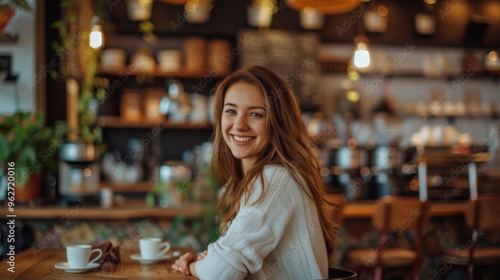 A woman is sitting at a table in a cafe with a smile on her face A woman is sitting at a table in a cafe with a smile on her face