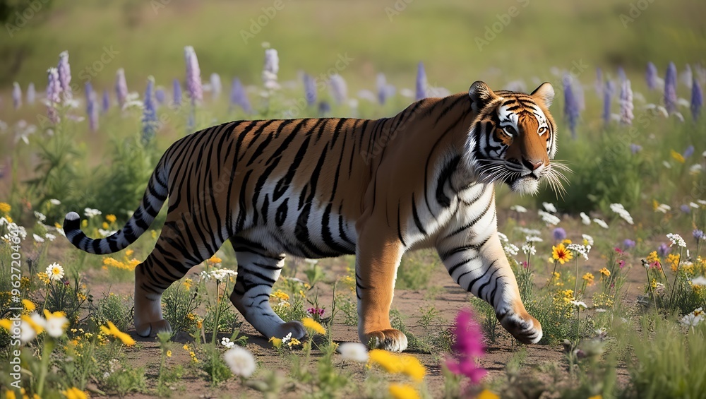 Naklejka premium This captivating photograph presents a striking image of a tiger striding confidently through a vibrant field of wildflowers.