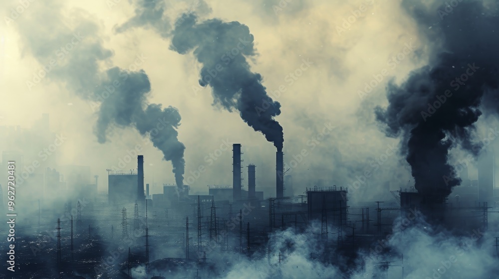 Obraz premium Thick black smoke billows from multiple factory smokestacks, creating a dense, polluted atmosphere. The industrial landscape highlights the environmental impact of pollution on urban areas.