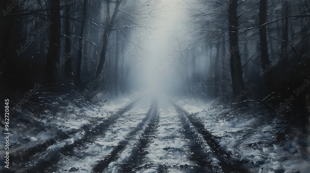 Obraz premium A misty forest path shrouded in fog, creating an eerie and mysterious atmosphere.