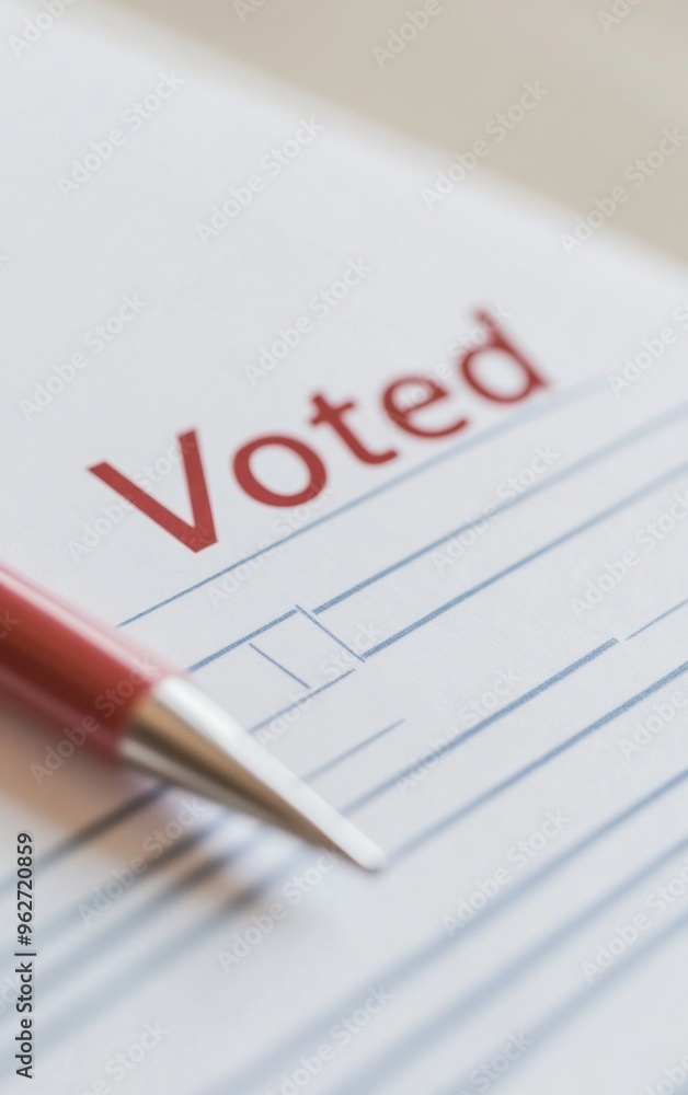 Close-Up Image of Election Ballot with Red Voted Text and Pen Close-Up Image of Election Ballot with Red Voted Text and Pen