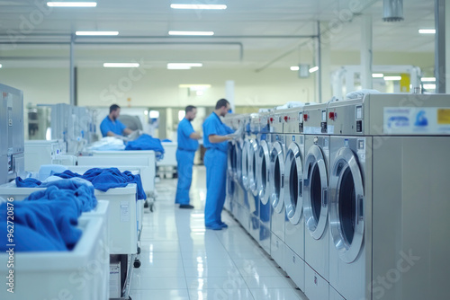 Industrial Laundry Room with Large Washing Machines, Workers Sorting Clothes, and Efficient Processing for Commercial Use