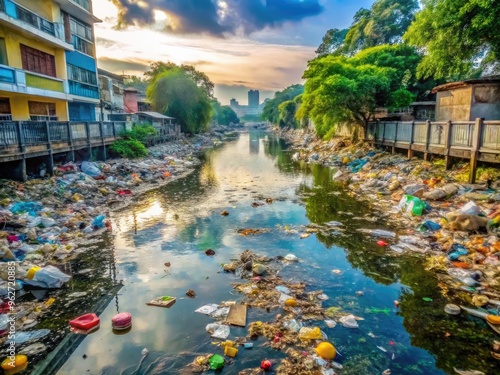 Polluted River Filled With Floating Garbage, Plastic Waste, And Debris, Reflecting The Environmental Degradation In Urban Areas.