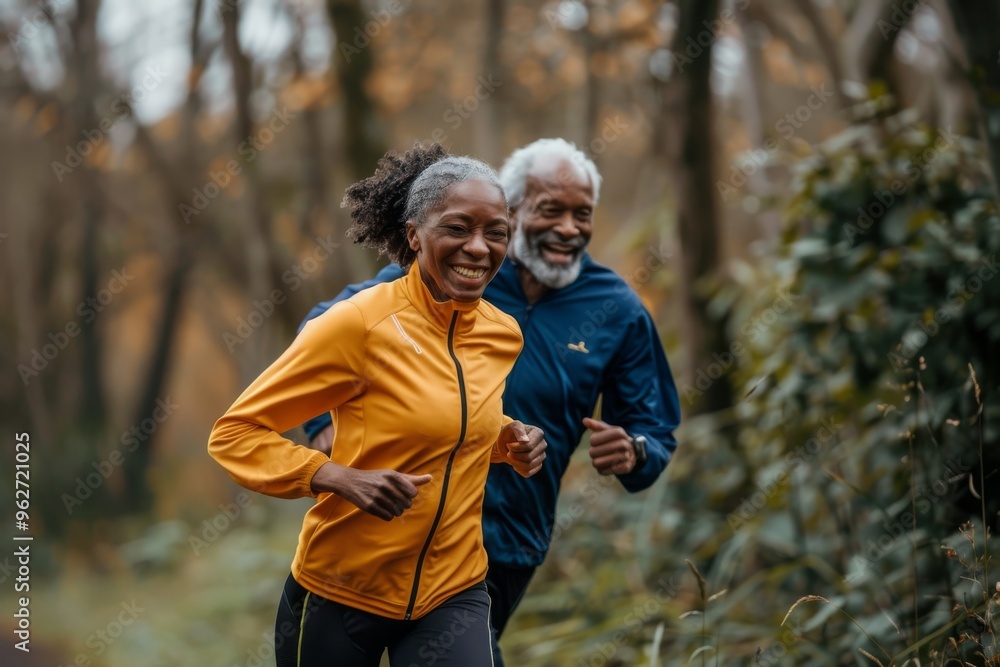 A couple of older people are running in a forest A couple of older people are running in a forest