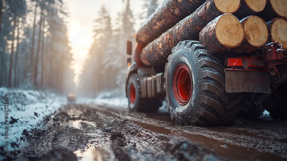 logging truck transports a large load of freshly cut timber through a forest. The image captures the essence of industrial forestry, symbolizing sustainability and resource management logging truck transports a large load of freshly cut timber through a forest. The image captures the essence of industrial forestry, symbolizing sustainability and resource management