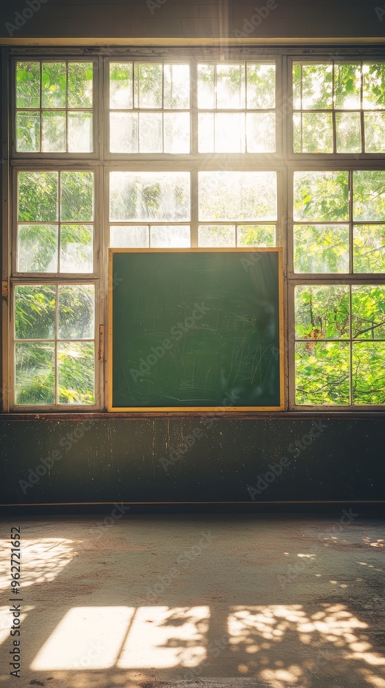 Green chalkboard against a wall of windows with a light beam shining through. Green chalkboard against a wall of windows with a light beam shining through.