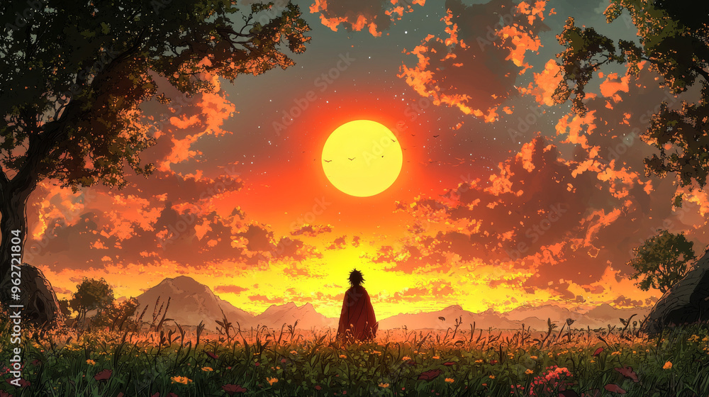 Fototapeta premium A lone figure stands in a field, watching the sun set over a mountain range.