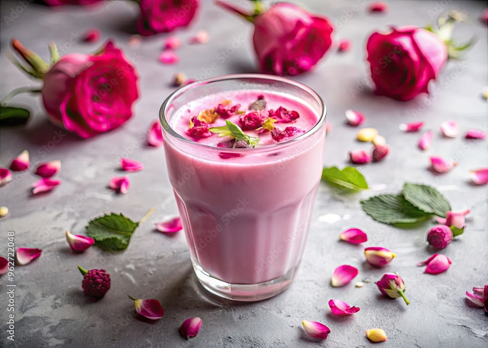 Refreshing And Vibrant Rose Milk Drink In A Glass With Rose Petals Sprinkled On Top, Served On A Simple Background. Refreshing And Vibrant Rose Milk Drink In A Glass With Rose Petals Sprinkled On Top, Served On A Simple Background.