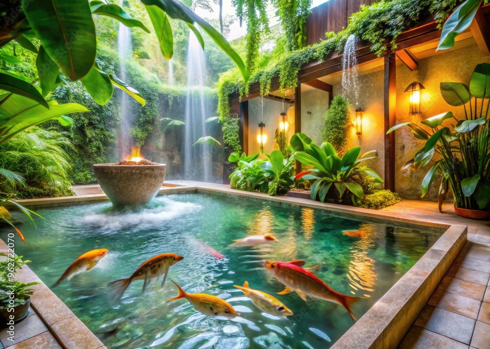Relaxed Fish Swimming In A Tranquil Spa, Surrounded By Soothing Water And Calming Greenery, With Massage Jets For A Rejuvenating Experience. Relaxed Fish Swimming In A Tranquil Spa, Surrounded By Soothing Water And Calming Greenery, With Massage Jets For A Rejuvenating Experience.