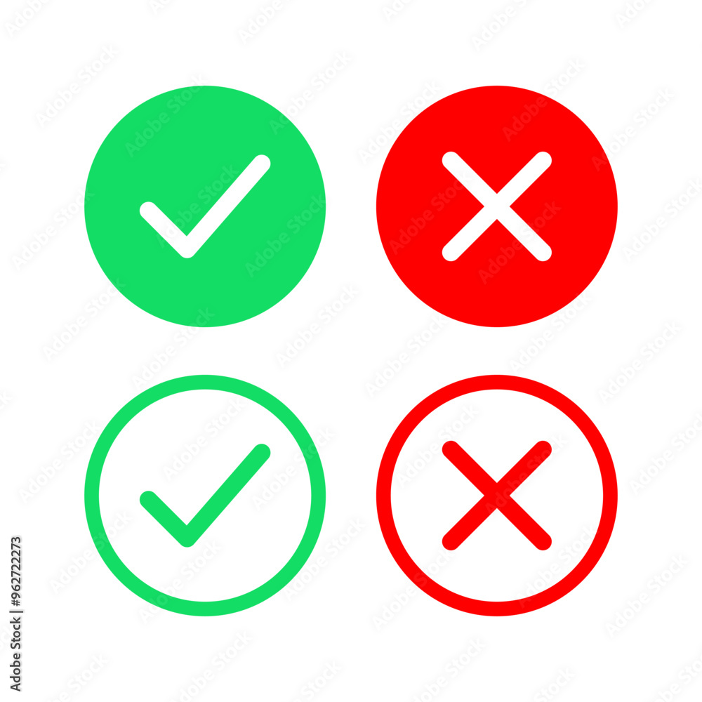 Set of green check mark and red cross icons. Checklist symbol, approval plan, and checklist sign. Vector Illustration Set of green check mark and red cross icons. Checklist symbol, approval plan, and checklist sign. Vector Illustration