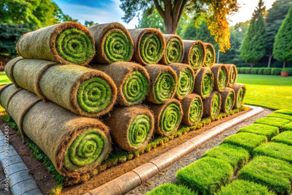 Rolls of lush, vibrant green natural grass lawn, freshly cut and neatly rolled, awaiting installation in a serene outdoor landscape or garden scenery. Rolls of lush, vibrant green natural grass lawn, freshly cut and neatly rolled, awaiting installation in a serene outdoor landscape or garden scenery.