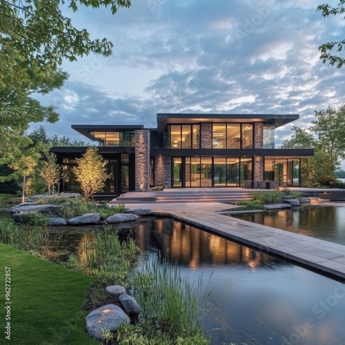 Contemporary Lakeside Retreat: Tranquility unfolds at dusk in this luxurious, modern home featuring sleek architecture, a serene reflecting pool, and breathtaking waterfront views.