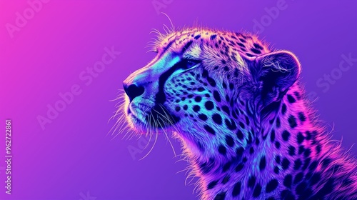 Stunning digital art of a cheetah in vibrant neon colors. The profile view showcases its majestic features, with purple and pink hues creating a striking and modern effect, perfect for creative