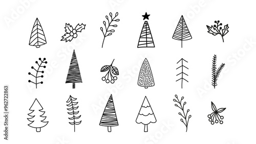 Christmas tree clipart set with holly berry. Hand drawn doodle illustration