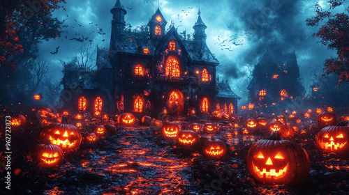 Spooky Halloween scene with pumpkins and a haunted house.