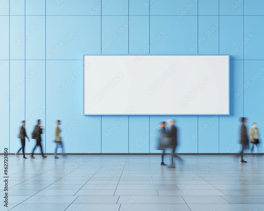 Modern Airport Terminal with Blank Billboard, Motion Blur of Passengers, and Pastel Blue Concrete Wall Modern Airport Terminal with Blank Billboard, Motion Blur of Passengers, and Pastel Blue Concrete Wall