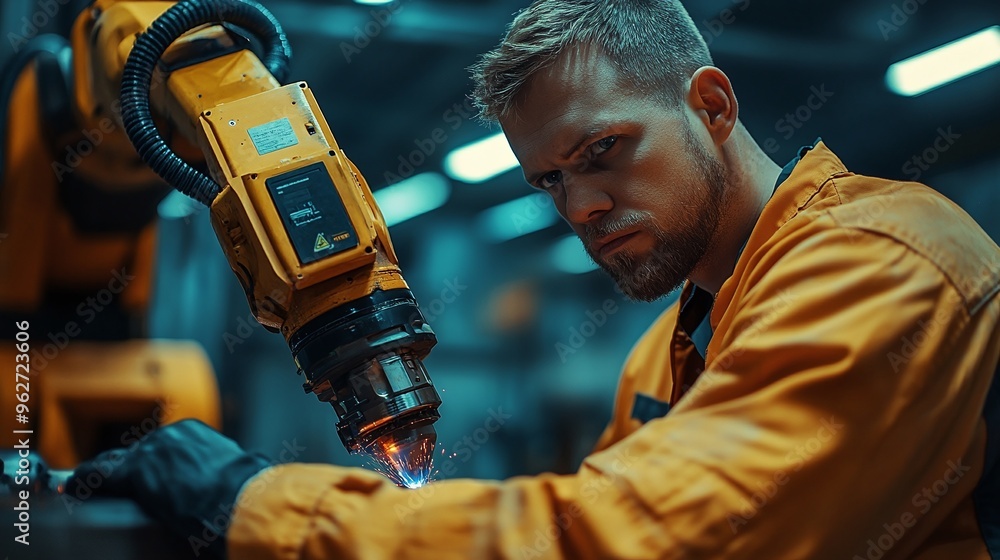 expert male engineer examining and controlling hydraulic ai robotic arm machinery in a modern factory interior while ensuring precision in welding operations expert male engineer examining and controlling hydraulic ai robotic arm machinery in a modern factory interior while ensuring precision in welding operations