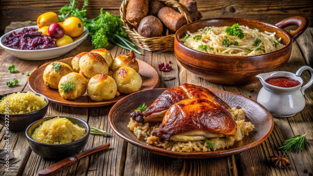 Rustic Table Setting With Traditional Czech Dishes Featuring Crispy Roast Duck, Braised Sauerkraut, Potato Dumplings, And Sweet Kolache Pastries Rustic Table Setting With Traditional Czech Dishes Featuring Crispy Roast Duck, Braised Sauerkraut, Potato Dumplings, And Sweet Kolache Pastries