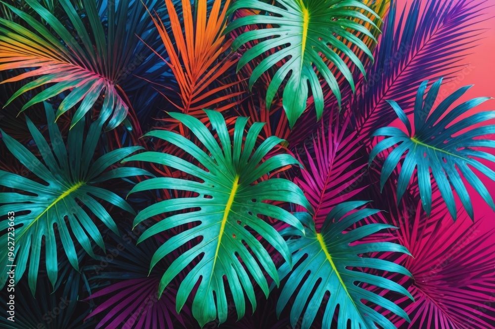 Tropical and palm leaves in vibrant bold gradient holographic colors Tropical and palm leaves in vibrant bold gradient holographic colors