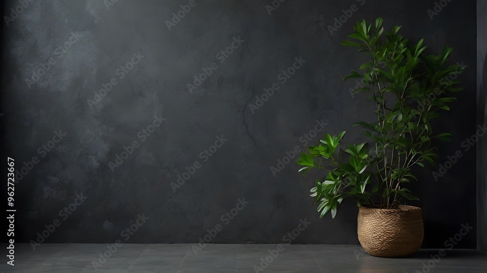 Dark grey empty concrete wall with green plant vase, clean minimal interior design decoration, indoor living room space floor Dark grey empty concrete wall with green plant vase, clean minimal interior design decoration, indoor living room space floor