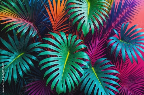 Tropical and palm leaves in vibrant bold gradient holographic colors