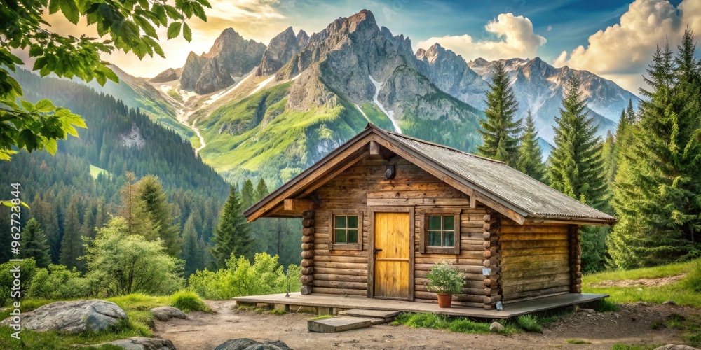 Rustic wooden cabin surrounded by lush green trees, with a vintage topographic map of a mountain range hanging on the wall, evoking a cozy adventure atmosphere. Rustic wooden cabin surrounded by lush green trees, with a vintage topographic map of a mountain range hanging on the wall, evoking a cozy adventure atmosphere.