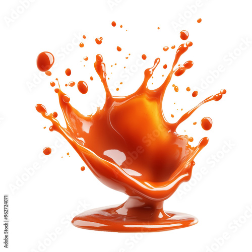 Red Tomato ketchup splash flying in air isolated on white background. Floating splash of ketchup sauce. Ketchup splash flying in air, isolated. Ketchup splash flying in air, isolated.
