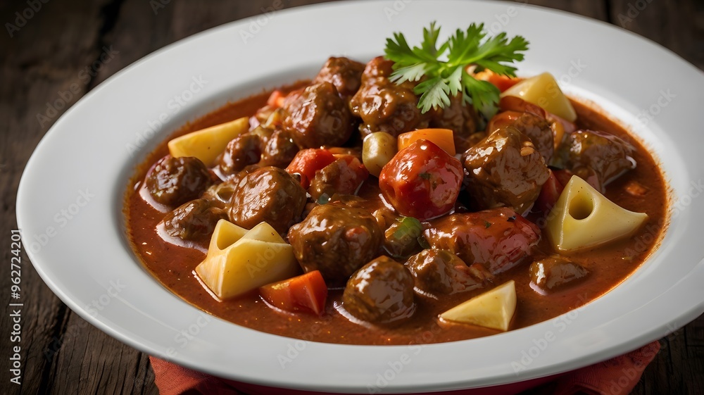 Closeup of authentic Hungarian cuisine food goulash with tender beef pieces, delicious meat stew & potato soup, healthy savoury meal Closeup of authentic Hungarian cuisine food goulash with tender beef pieces, delicious meat stew & potato soup, healthy savoury meal