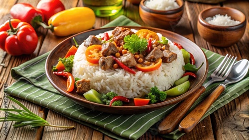 Savory Philippine Cuisine Dish With Rice, Vegetables, And Meat Ingredients Presented On A Ceramic Plate With Cutlery On A Wooden Table photo