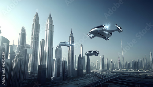 Futuristic flying cars soaring above a modern cityscape. photo