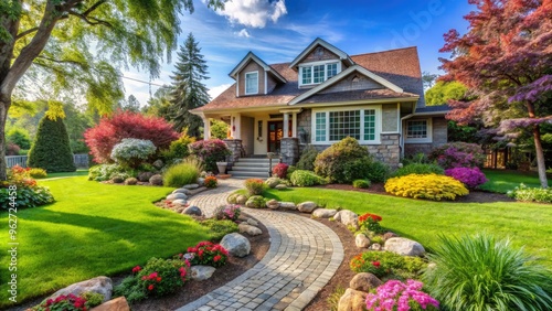 Scenic Front Yard With Lush Green Lawn, Mature Trees, Colorful Flowers, And Stone Walkway Leading To A Charming Home.