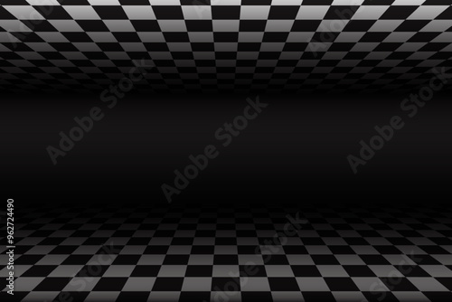 Perspective chess floor. White and black checkered pattern room. 3D tiled floor. Vector abstract surreal space isometric illustration. Endless tunnel, futuristic monochrome wallpaper